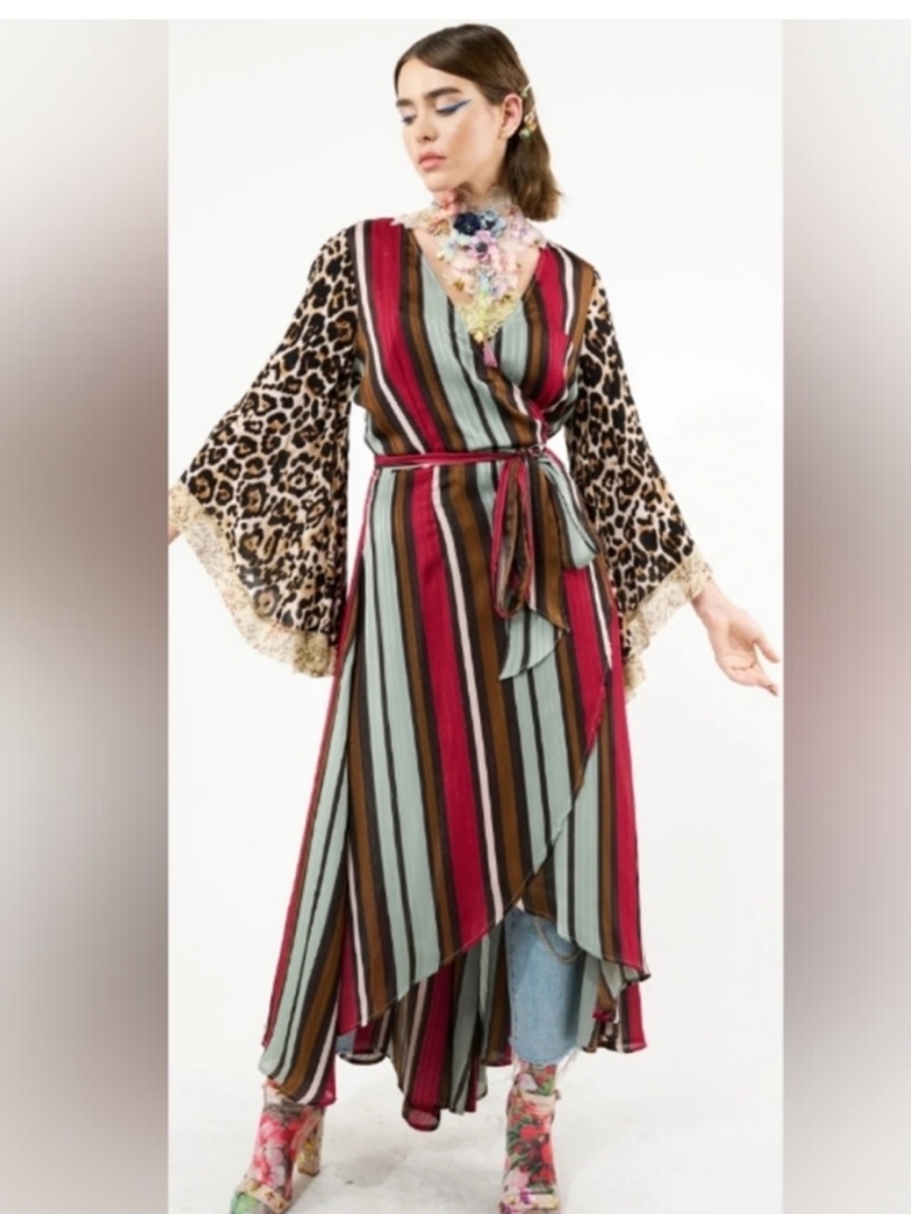 Striped High-Low Wrap Dress with Leopard Bell Sleeves - Multi Red Green